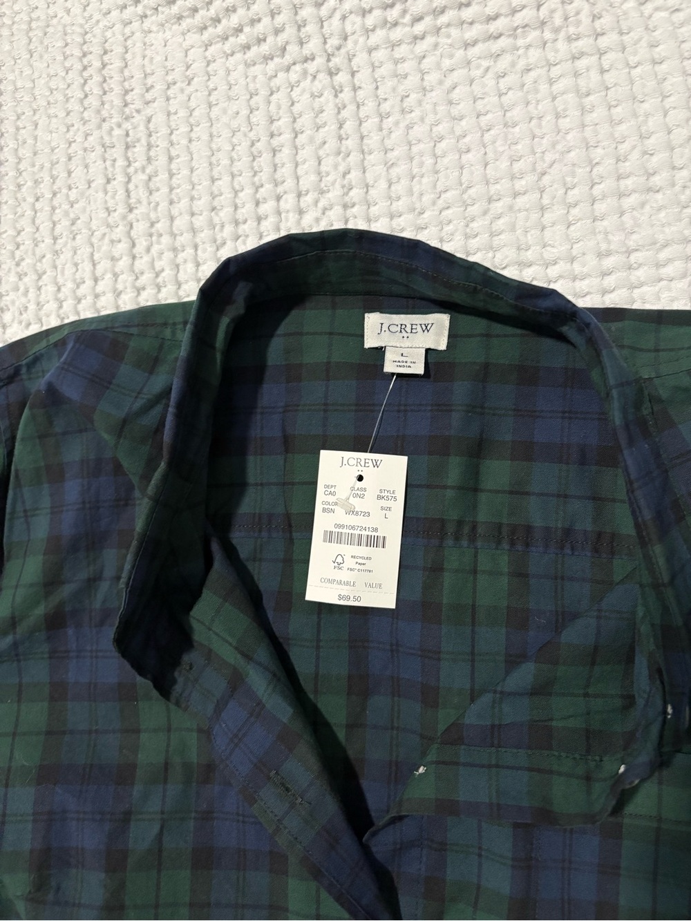 NWT J. Crew Green & Navy Plaid 98% cotton Button-Down Shirt - Picture 2 of 5